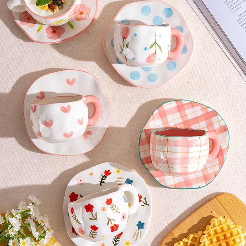 Handmade Creative Ceramic Mugs Cloud Coffee Cup Plate Set Afternoon Tea Latte Cup Irregular Flower Milk mug Korean Style Mugs H260323