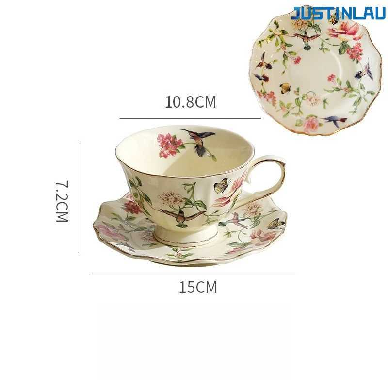 JUSTINLAU Palace Style Gold Flower Bird Coffee Cup and Plate Set Retro Ceramic High Aesthetic Home Afternoon Tea Cup Mugs D260323