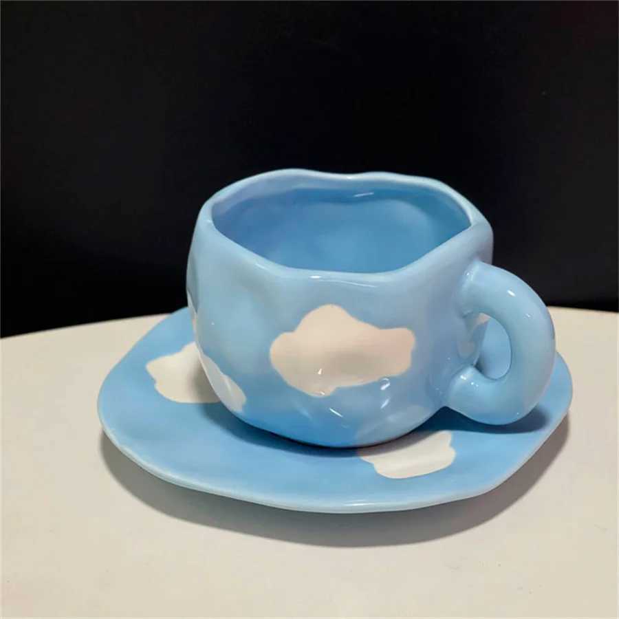 Creative small fresh underglaze color hand-painted white cloud coffee cup and saucer hand-squeezed irregular H260323
