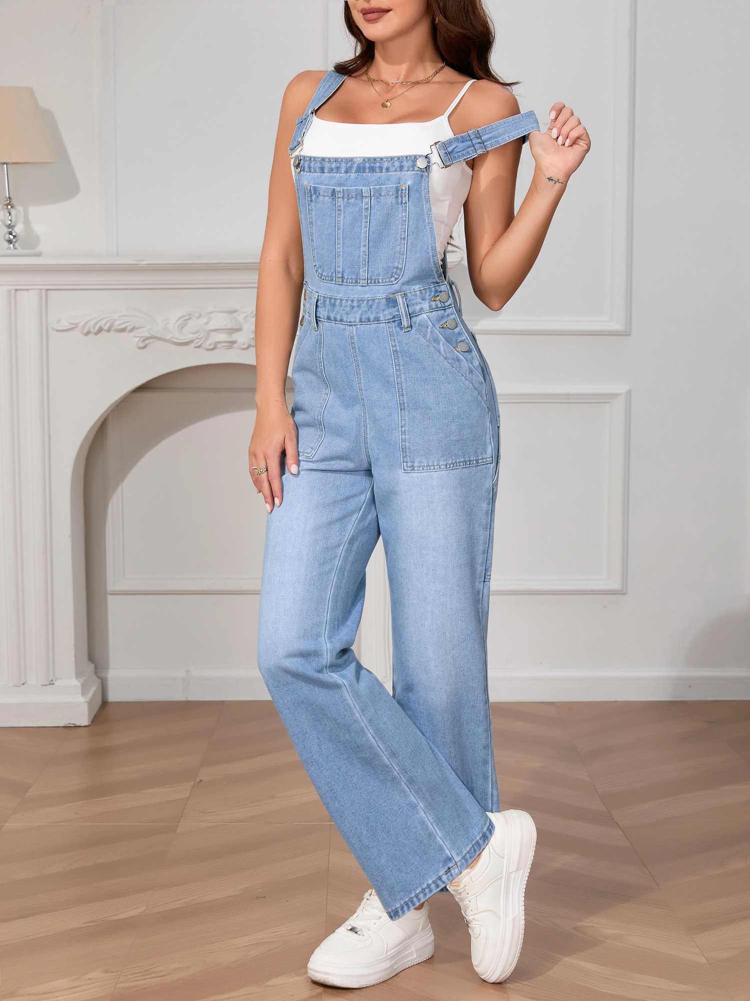 Womens Washed Denim Overalls - Vintage Euro American Style Strappy Jumpsuit High Waist Casual Romper with Adjustable Straps M260323