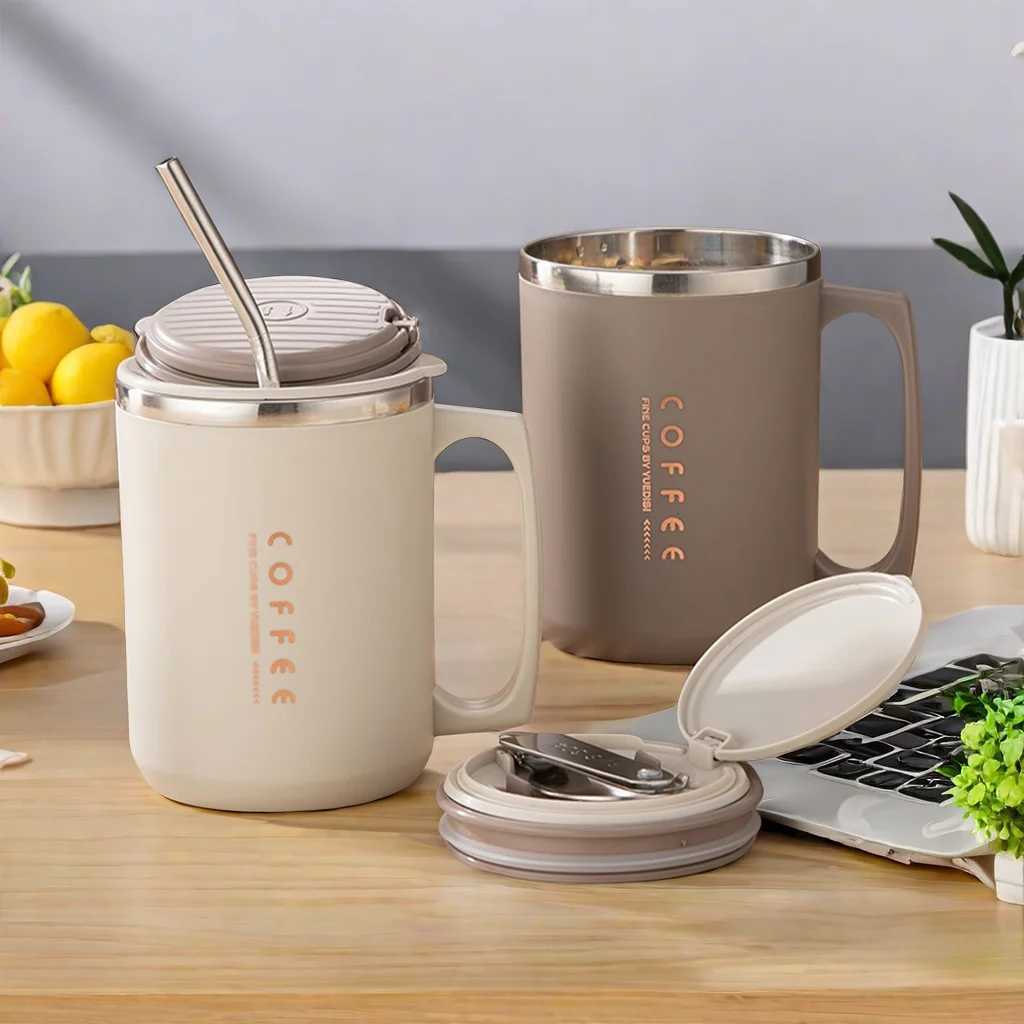 480ML 304 Stainless Steel Coffee Cup Double-Wall Insulated Mug With SpoonStraw Reusable Sealed Drinking Cup For Student Adult D260323