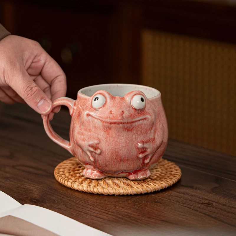 Frog Design Ceramic Mug with Spoon Cute Coffee Cup Gift Set for Office Home Use Vintage Style Drinkware Decor D260323
