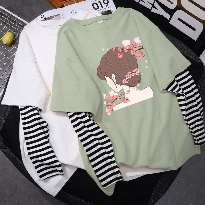 Designer T-shirt Of Faux Two-piece Women's Clothing Polo Autumn And Winter Korean Style New Cartoon Outerwear Trendy Student Designer Hoodie Long-sleeve T-shirt