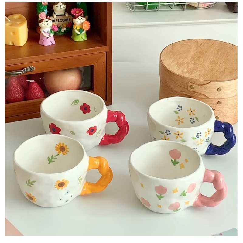 250ml Hand-made Irregular Ceramic Mug Hand-painted Flower Pattern Coffee Cup Childrens Breakfast Milk Cup Kitchen Drinkware H260323