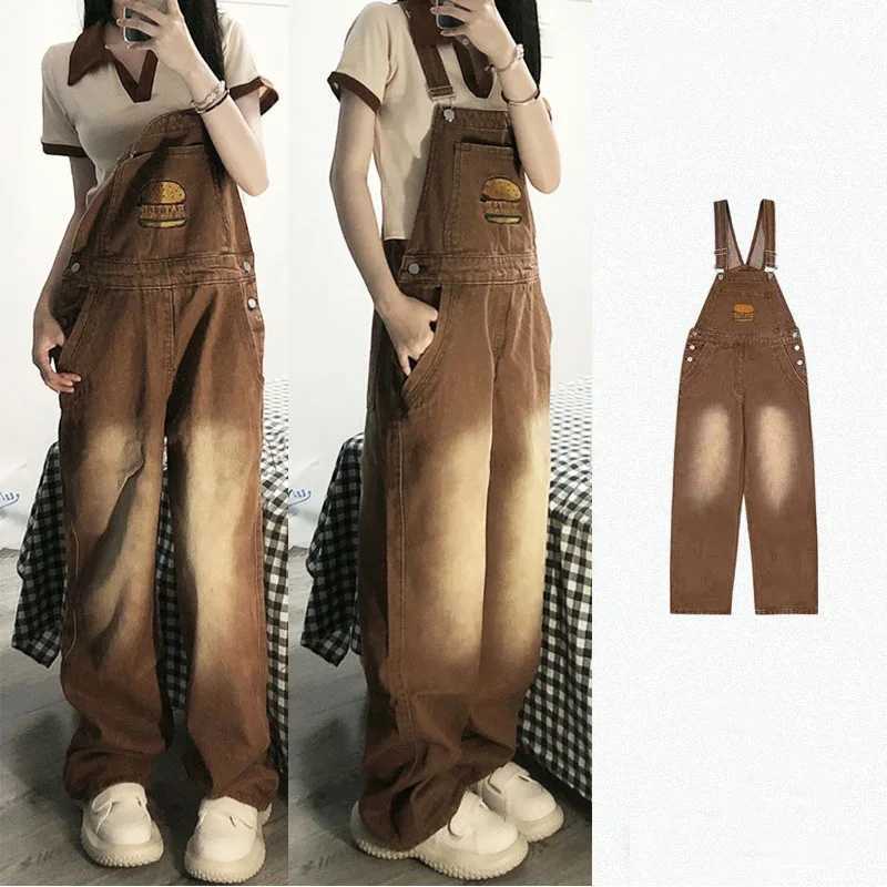 American Vintage Brown Denim Suspender Pants Women Hamburg Embroidery Loose Straight Overalls Fashion Trend Jumpsuit M260323