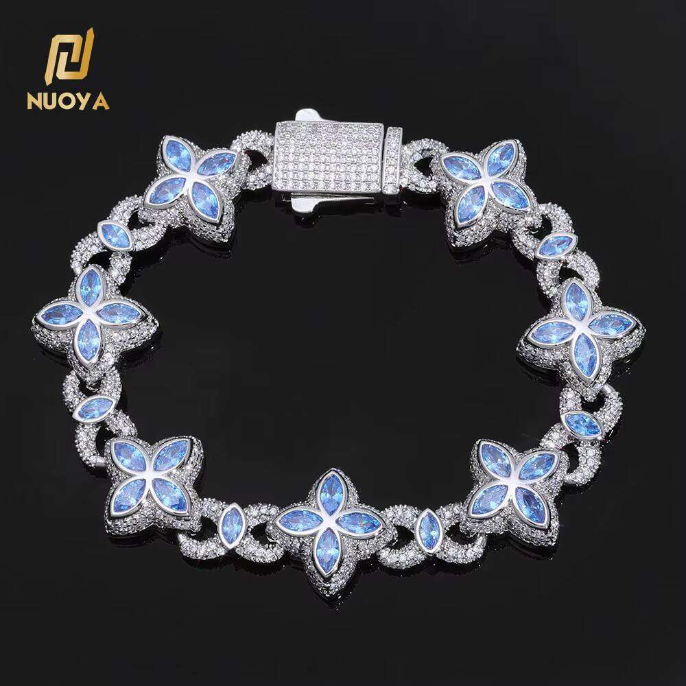 NUOYA Fine Jewelry Silver Plated Link Colorful Eye Moissanite Iced Out Diamond Four Leaf Clover Cuban Chain Bracelet Bracelet