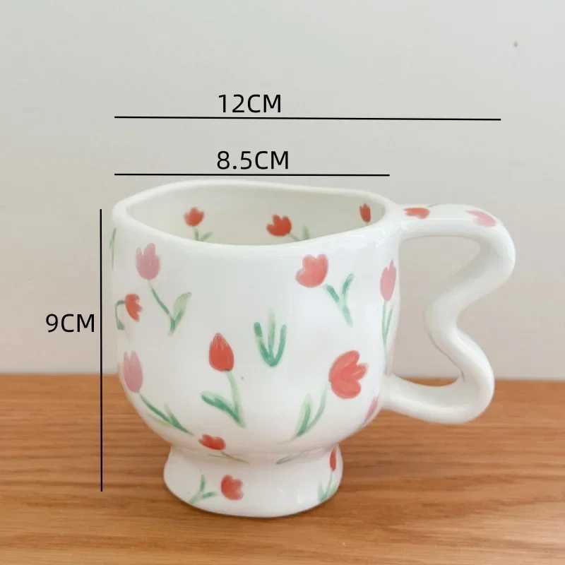 JUSTINLAU Ceramic Mugs Irregular Flower Coffee Milk Cups with Creative Handle Breakfast Cereal Juice Cup Home/Office Drinkware H260323