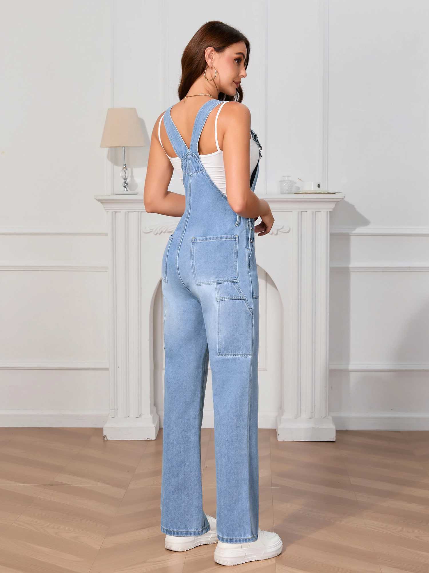 Womens Washed Denim Overalls - Vintage Euro American Style Strappy Jumpsuit High Waist Casual Romper with Adjustable Straps M260323