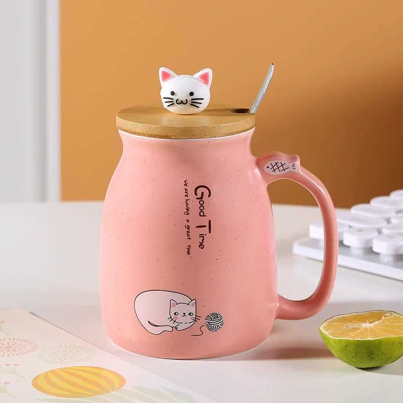Creative color cat heat-resistant Mug cartoon with lid 380ml cup kitten coffee ceramic mugs children cup office Drinkware gift D260323