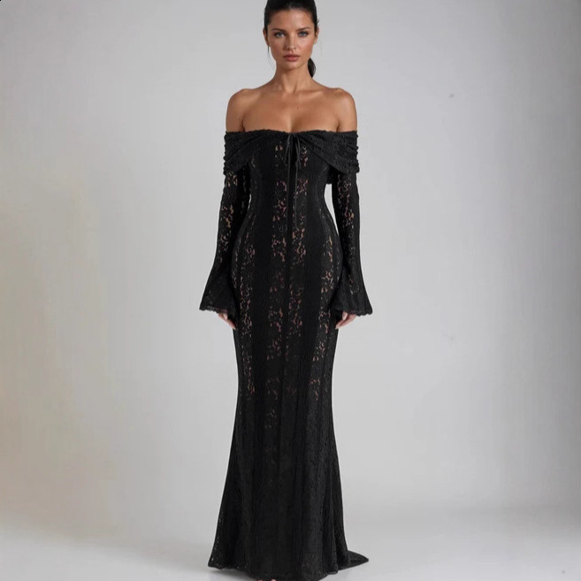 Elegant Hollow Out Long Dress Women High Collar Long Sleeve Slim Solid Dresses Spring Summer Patchwork Lady Party Robe 250912 - view 3