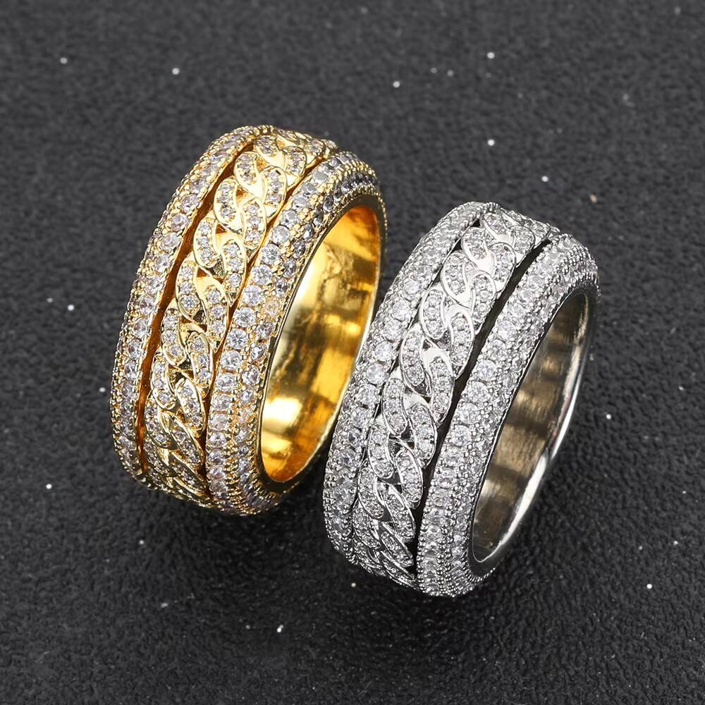NUOYA Iced Out Bling VVS Moissanite Spinner Cuban Ring 925 Silver Hip Hop Gold Plated Ring Unisex Women Men