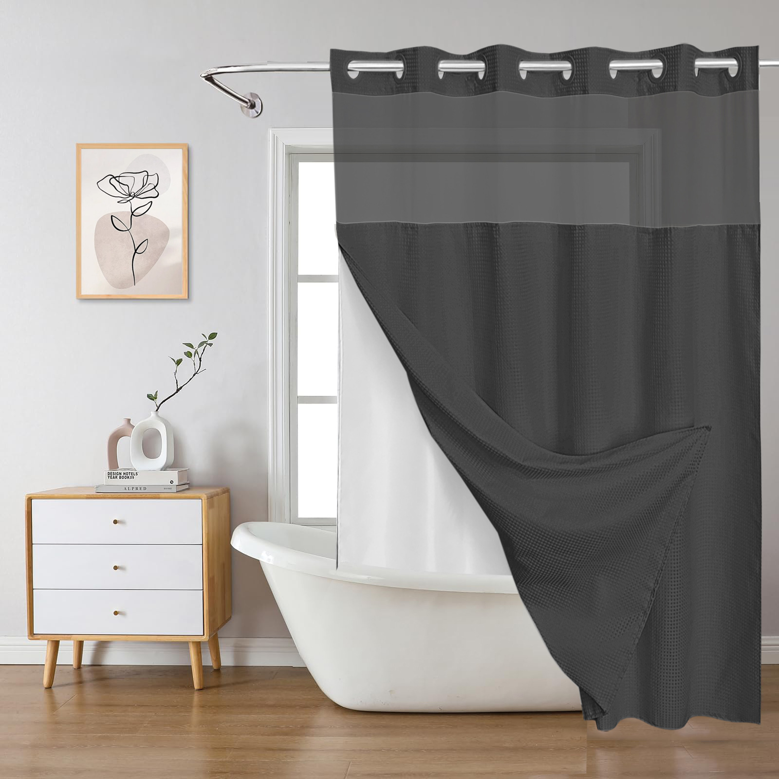 YL-38382 Waffle Double-Layer Large Buckle Bathroom Polyester Shower Curtain with Partition and Waterproof Lining