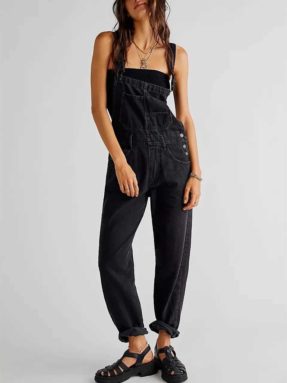 Fashion Denim Overalls for Women Loose Fit Classic Bib Casual Jean Stretchy Denim Overall Jumpsuit Tapered Leg Jean Pants M260323