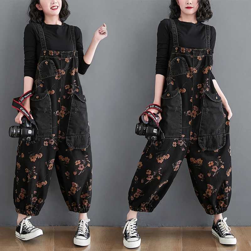 Loose Jeans Black Jumpsuit Women Casual Oversized Baggy Cargo Pants Big Pockets Print Floral Denim Overalls Straps Jean Rompers M260323