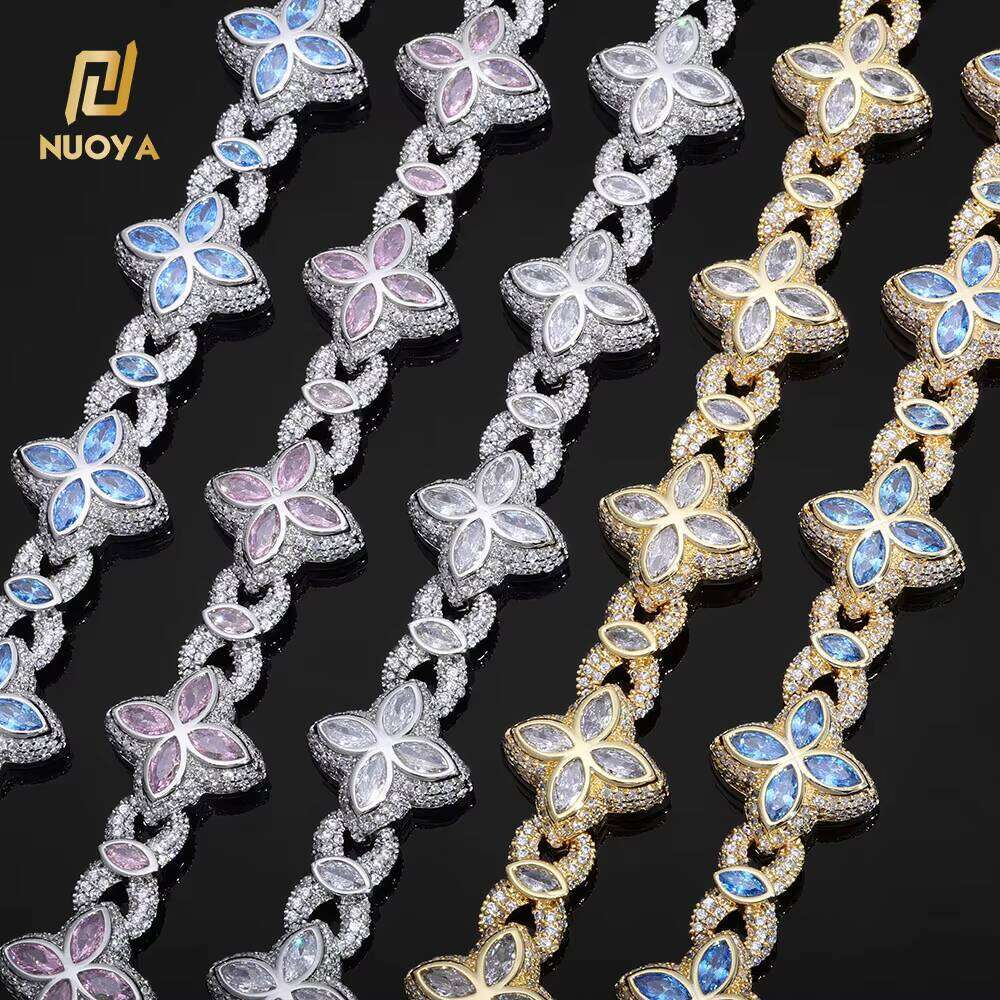 NUOYA Fine Jewelry Silver Plated Link Colorful Eye Moissanite Iced Out Diamond Four Leaf Clover Cuban Chain Bracelet Bracelet