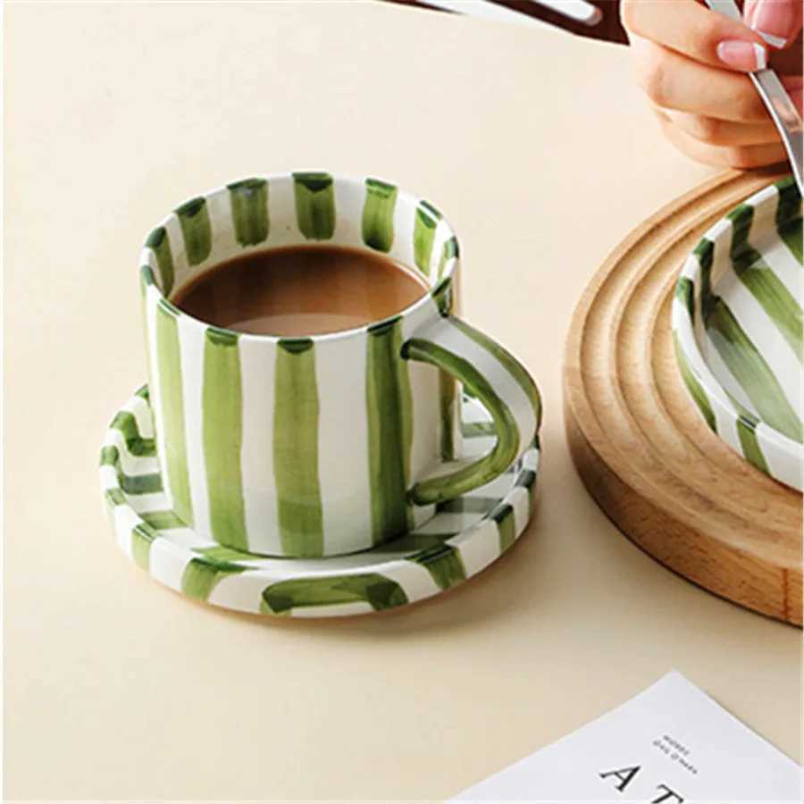 280ml/95oz afternoon tea coffee cup Minimalist striped hand drawn cup and plate set ceramic milk coffee cup household drinki H260323