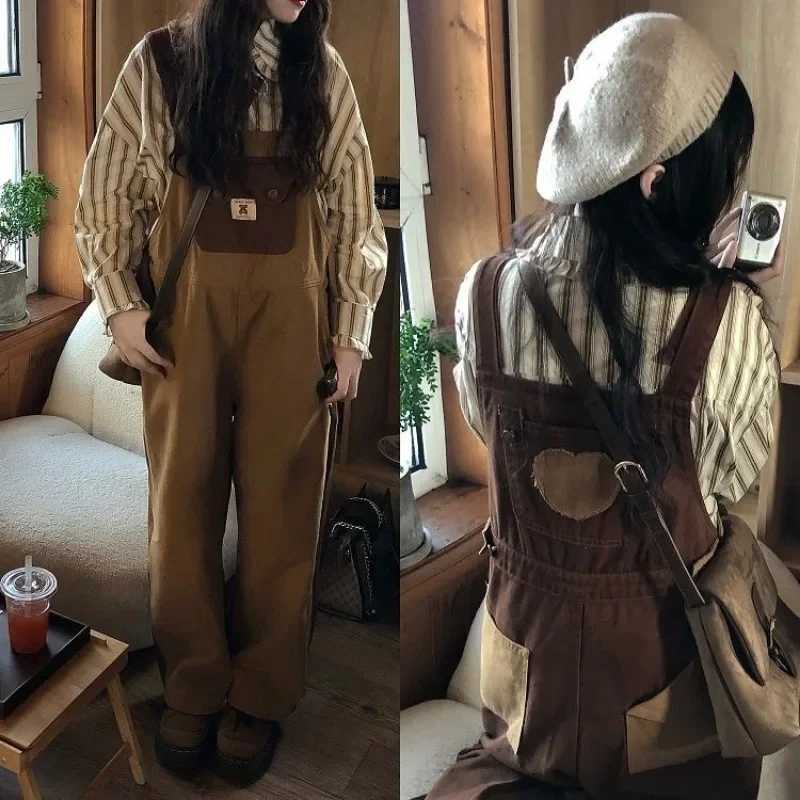 Vintage Kawaii Denim Jumpsuit Overalls Women College Style Girls Brown Blue Loose Casual Wide Leg Pants Jeans All Match Trousers M260323
