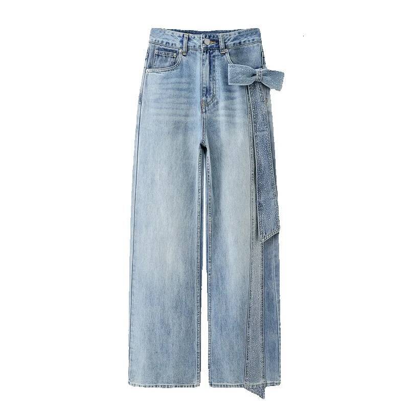 2026 Designer Pants Spring New Women's Fashion Three-dimensional Bow Jeans High-waisted Wide-leg Pants Straight-leg Trousers