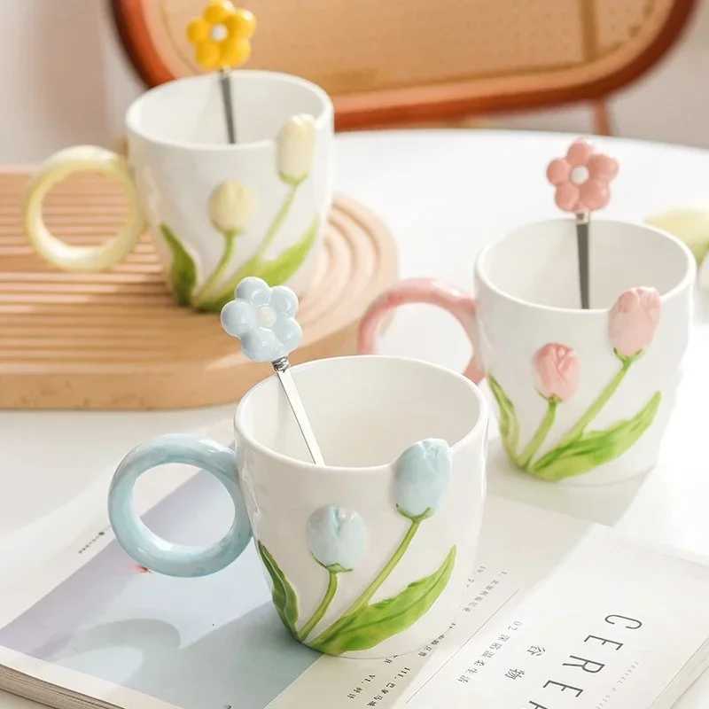 500ml 3D Tulip Pattern Ceramics Mug with Spoon Hand Carved Comfortable handle Coffee Cup Breakfast Milk oatmeal cup Girl Gift D260323