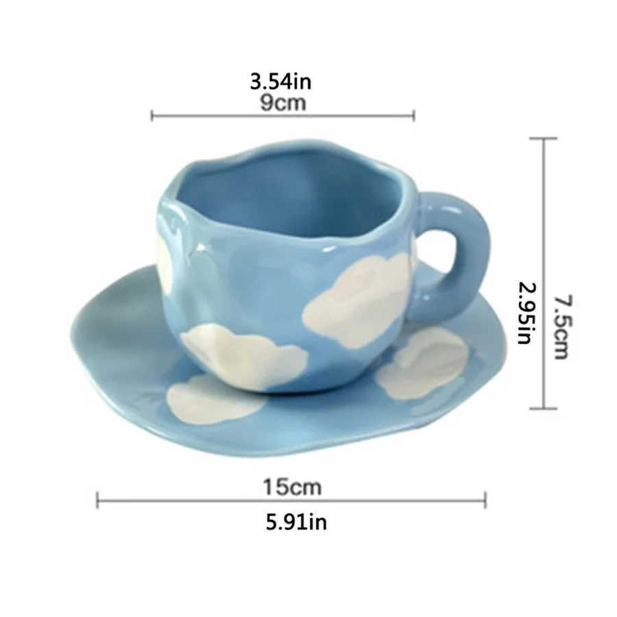 Creative small fresh underglaze color hand-painted white cloud coffee cup and saucer hand-squeezed irregular H260323