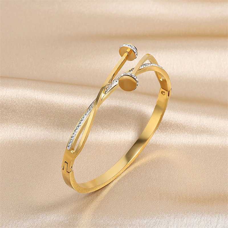 Unique Luxury Double Zircon Head Cross Stainless Steel Bangle For Women Wedding Gift Jewelry H260323 - view 4