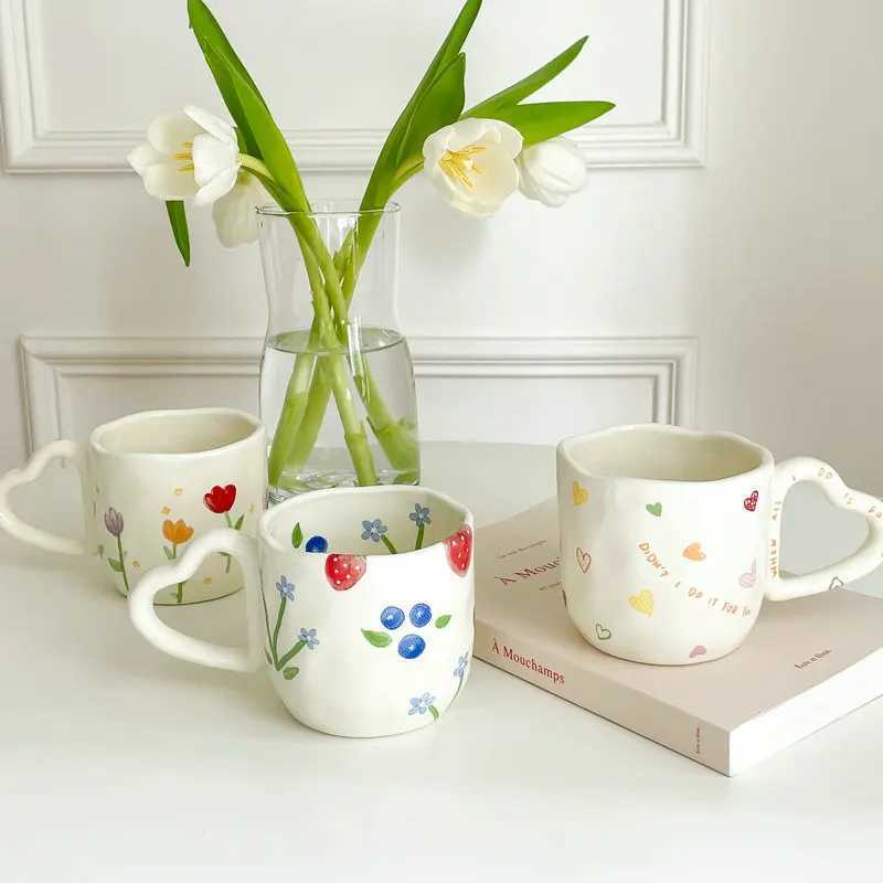 1pcs Cute hand-held heart-shaped handle milky white ceramic small fresh mug water cup coffee cup H260323