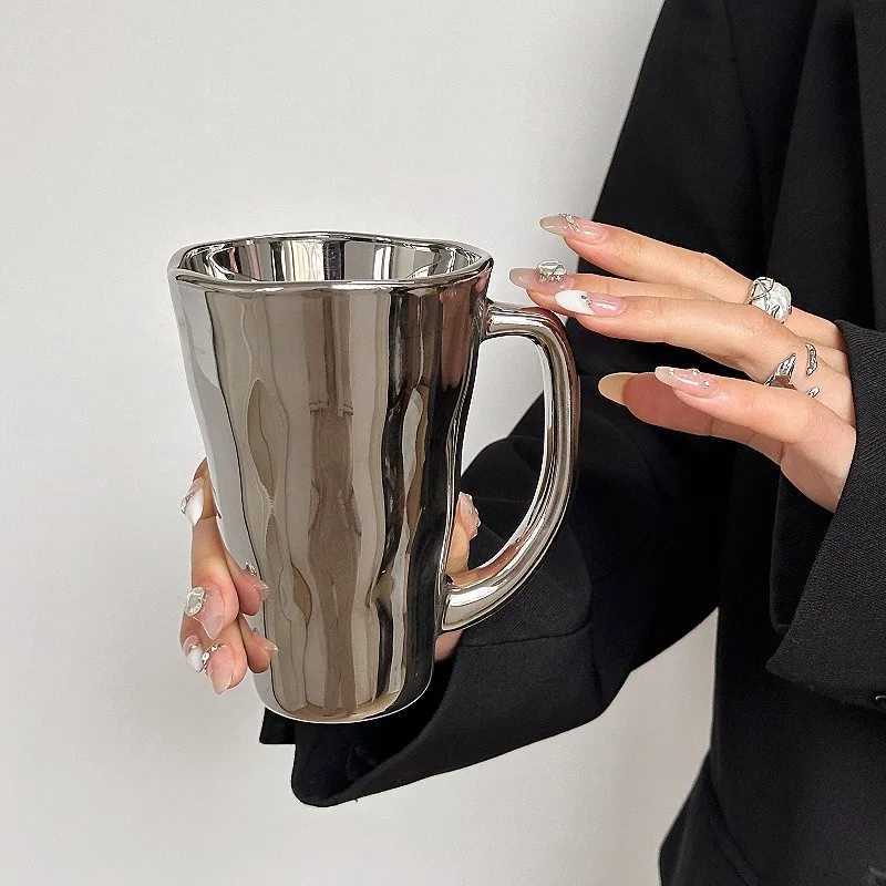 Creative Silver Mug with Handle Milk Cup Coffee Cup Modern Simple Universal Water Cups Drinkware Home Decoration Gift H260323