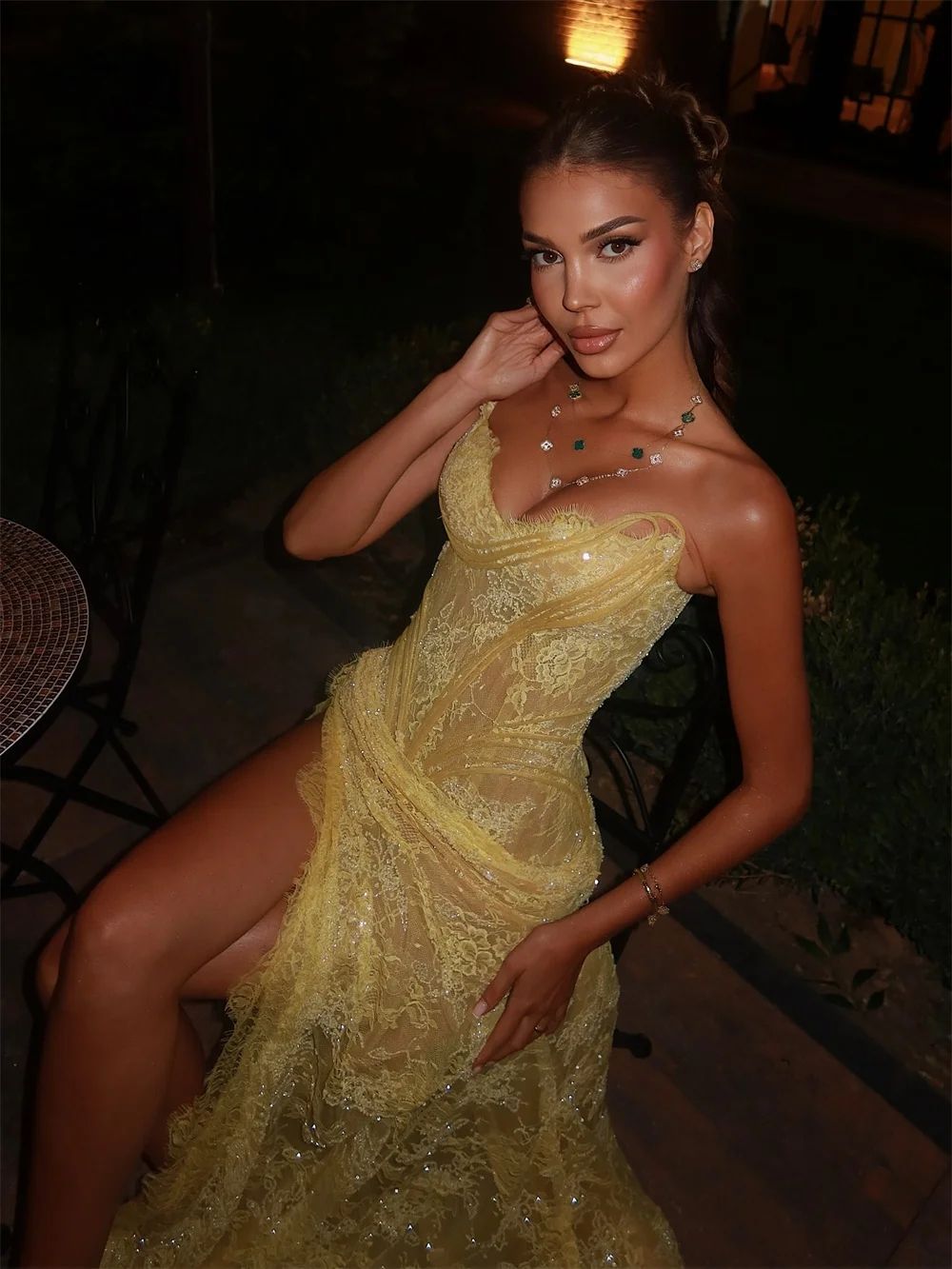 Sexy Yellow Mermaid Lace Embroidery Prom Sequins Sleeveless Side High Split Formal Party Pageant Dresses Evening Gowns Robe De Soiree Da10