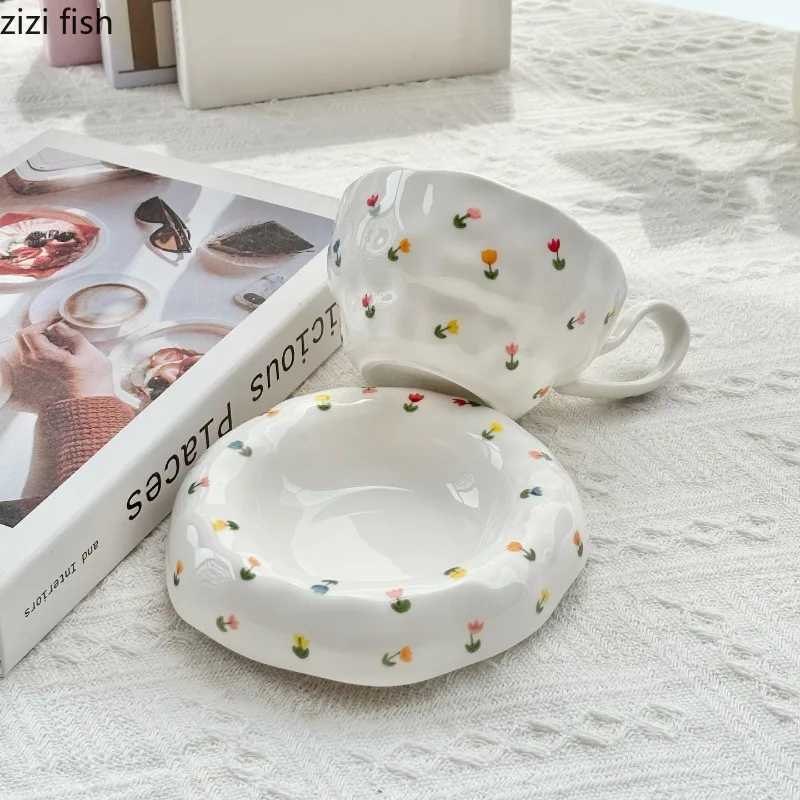 Irregular Ceramic Coffee Cups and Plates Flower Patterned Water Cup Afternoon Tea Mug Breakfast Cup Milk Mug Milk Tea Cups H260323