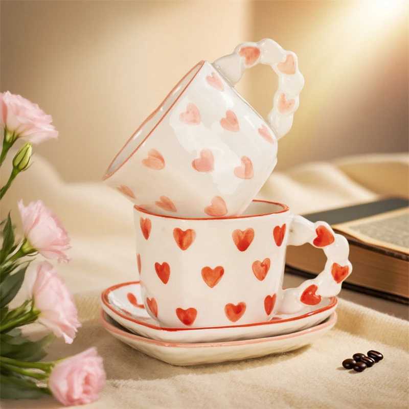 260ml Heart Shape Coffee cup Saucer Ceramics Mug Hand Painted Love Valentines Day Gift Gifts Afternoon tea Cup Breakfast cups H260323