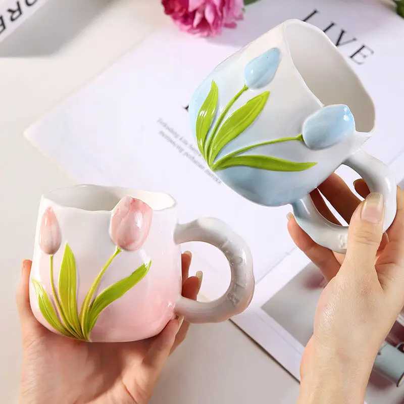 Tulip Ceramic Mug with Lid Spoon 400ml Coffee Tea Cup Valentines Day/Teachers Day Gifts for Couples Women Home Office Use H260323