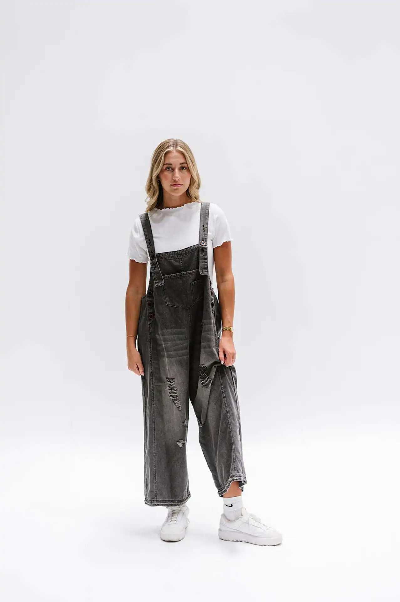 Womens Vintage Distressed Denim Overalls - Retro Wide-Leg Jumpsuit with Adjustable Straps-Fashion Boho Oversized Jean Dungarees M260323