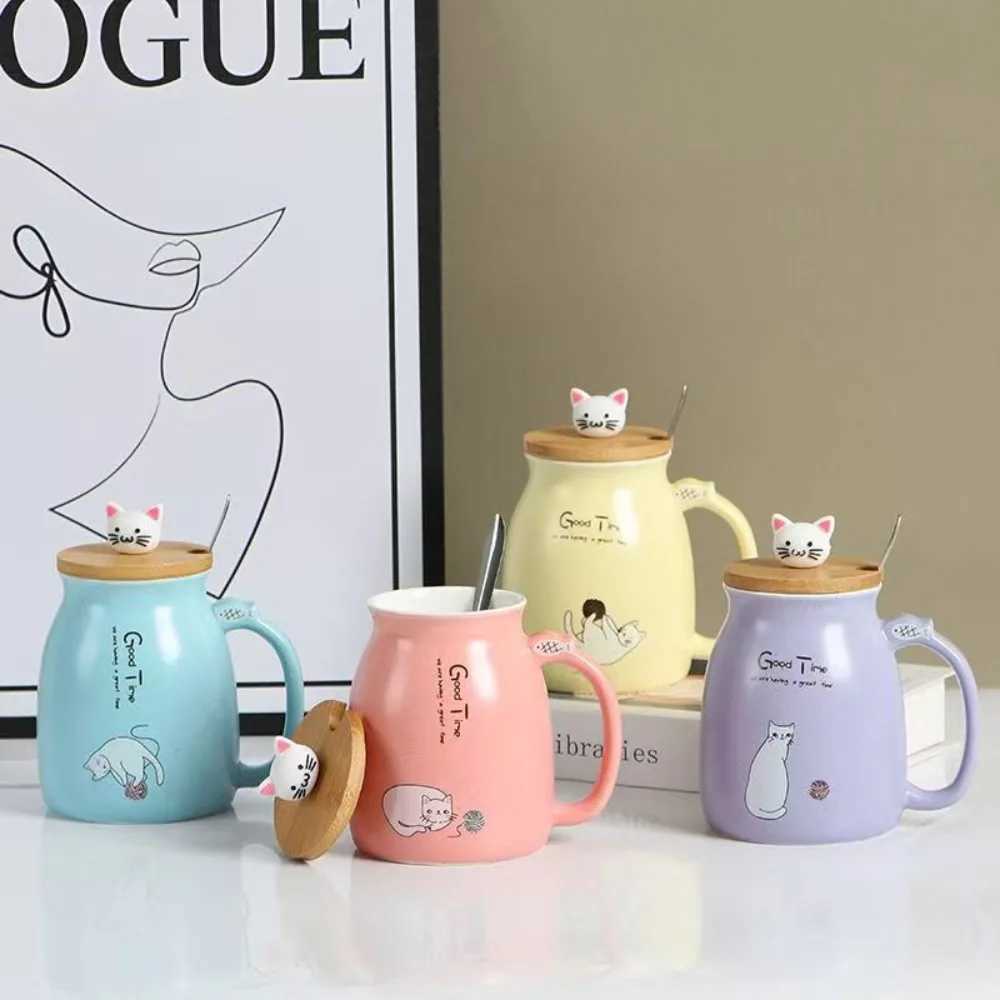 460ml Cartoon Ceramics Cat Mug with Lid and Spoon Handle Cute Cat Mug Coffee Milk Tea Mugs Breakfast Cup Drinkware Novelty Gifts D260323
