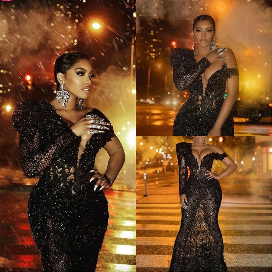 Mermaid Sparkly Black Prom Dresses 2026 Arabic African Lace Sequined Single Long Sleeve Women Plus Size Formal Evening Gowns BC21773