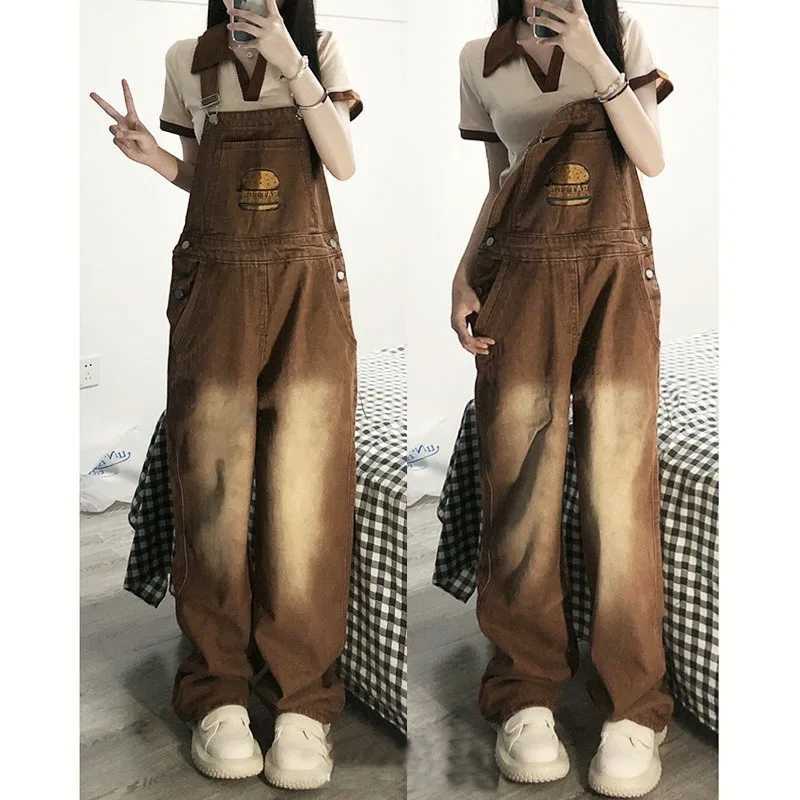 American Vintage Brown Denim Suspender Pants Women Hamburg Embroidery Loose Straight Overalls Fashion Trend Jumpsuit M260323