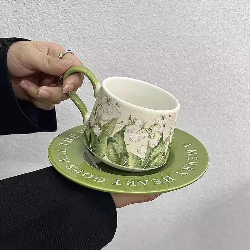 Vintage oil painting lily of the valley coffee cup and plate set light luxury ceramic cup niche latte cup afternoon tea cup H260323