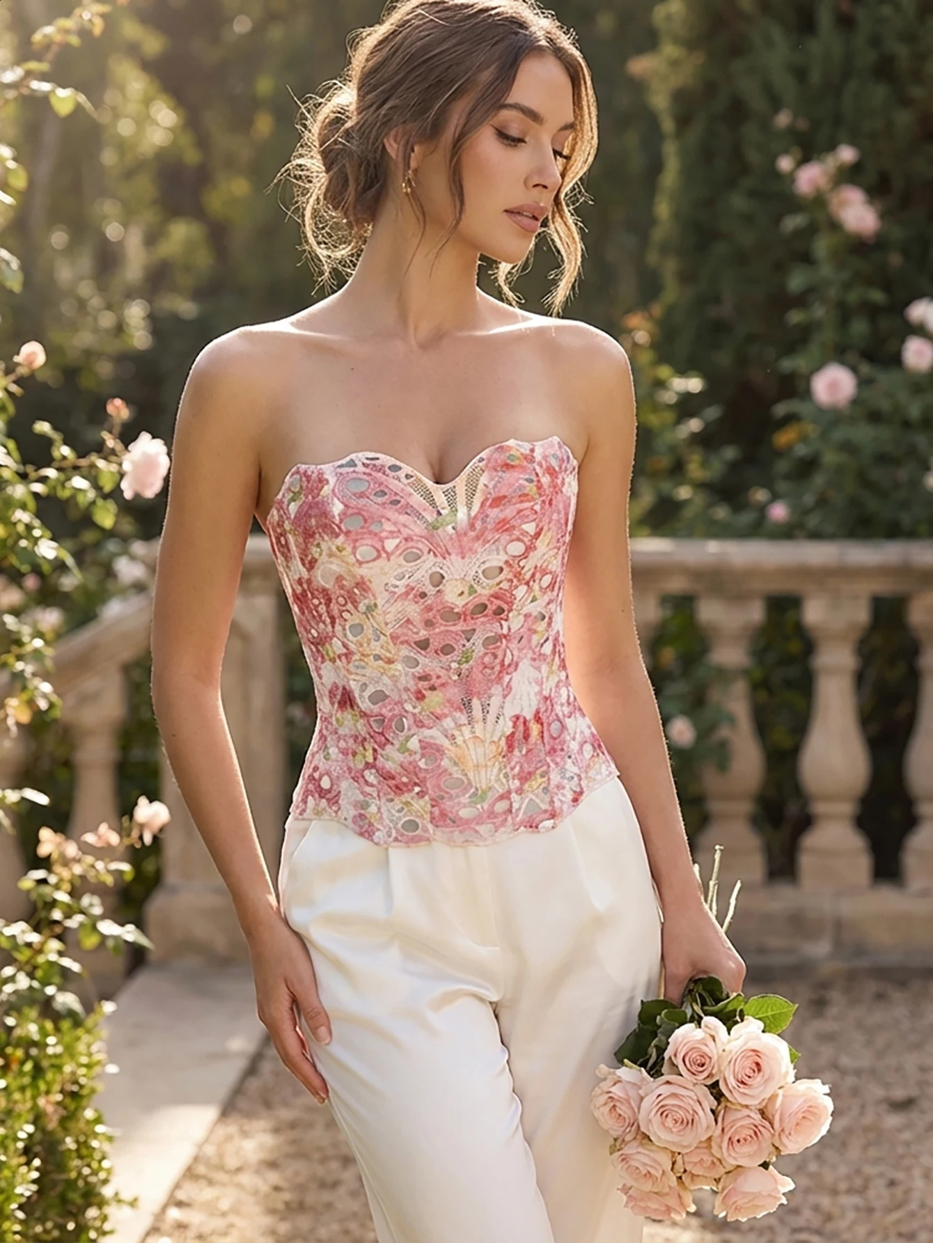 Womens floral print strapless shapewear breathable mesh crop top with back tie boning corset tight-fitting bodysuit 260321