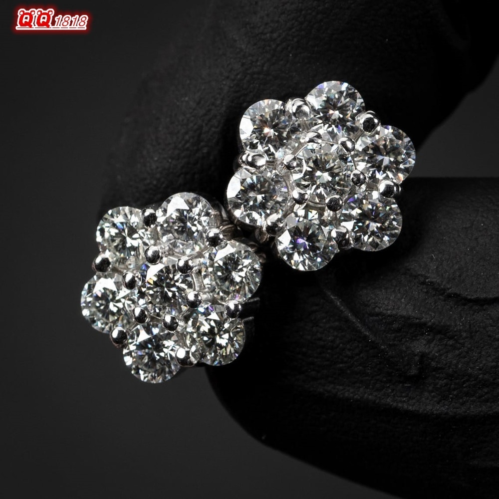 Ready to Ship GRA Hip Hop Stud Earrings Moissanite Men Earrings 925 Sterling Silver Cluster Flower 9mm Moissanite Rings