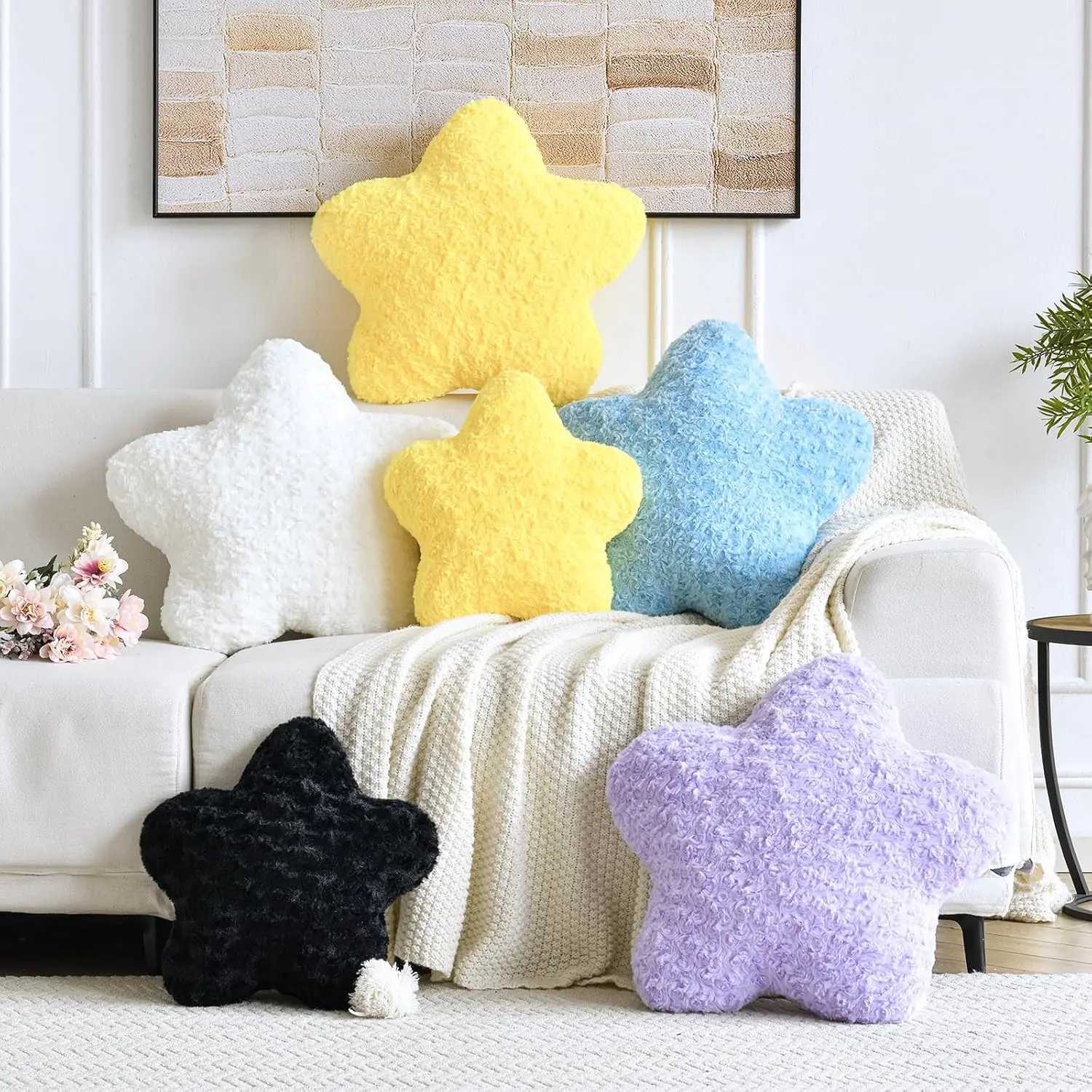 149 Star Shaped Plush Pillow Soft Faux Fur Decorative Throw for Couch Bed Sofa in White H260323