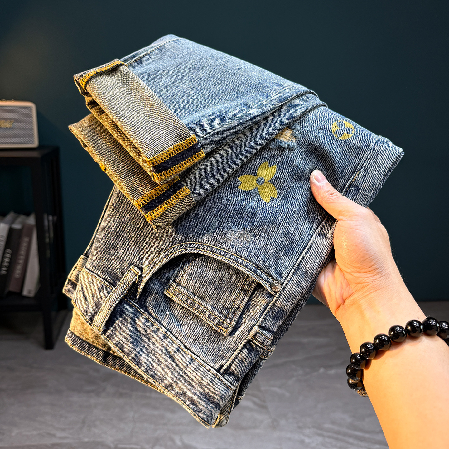 2026 Designer Luxury Jeans High-end Retro Fashion Men's Printed Slim Fit Pants Elastic Tear Street Sports Trend Brand Skateboarding Sports Jeans 