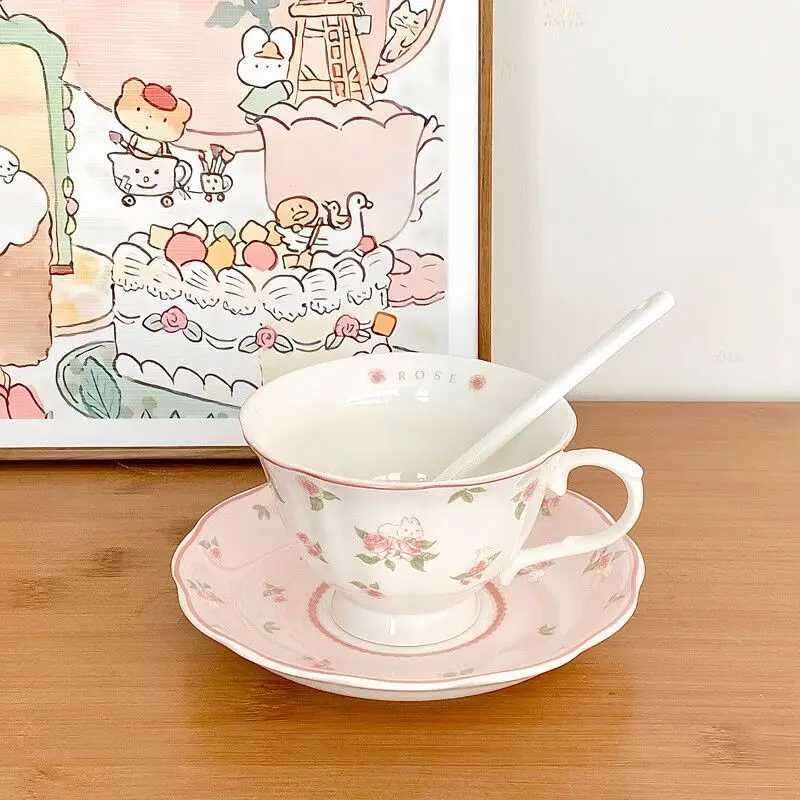 Cute coffee cups and saucers set high-value afternoon tea ins style girl pink ceramic mug hand-painted ins style D260323