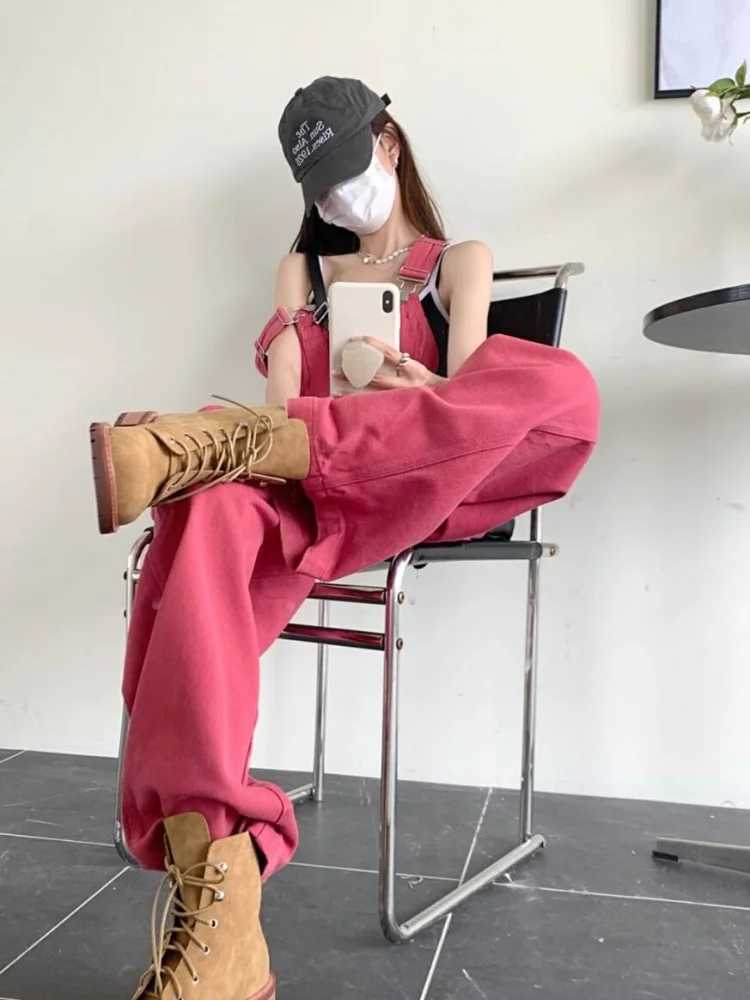 Pink Denim Overalls For Women Loose Slimming High Waist Straight Wide Leg Pants Student Style Jumpsuits M260323