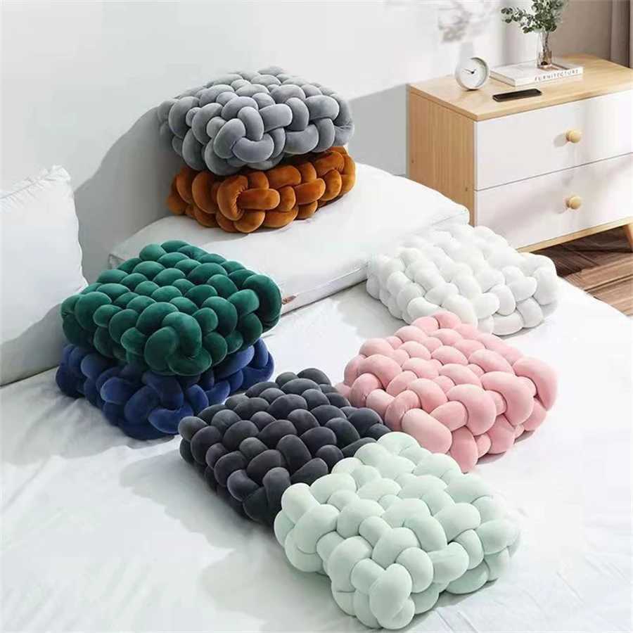 1pc Living Room Soft Plush Knot Cushion Sofa Pillow Solid Square Hand-Woven Home Throw Pillow Square Woven Seat Cushion Cushio H260323
