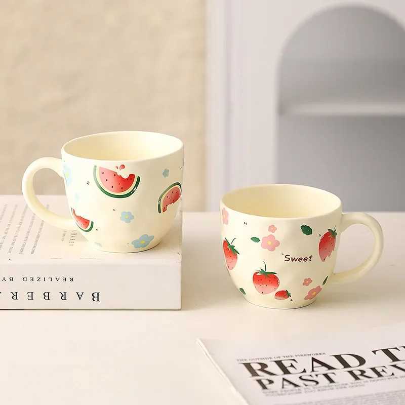 Cute Fruit Pattern Ceramic Mug Strawberry Coffee Cup Oatmeal Breakfast Cup Water Cup Valentines Day Present Couple Water Cups H260323