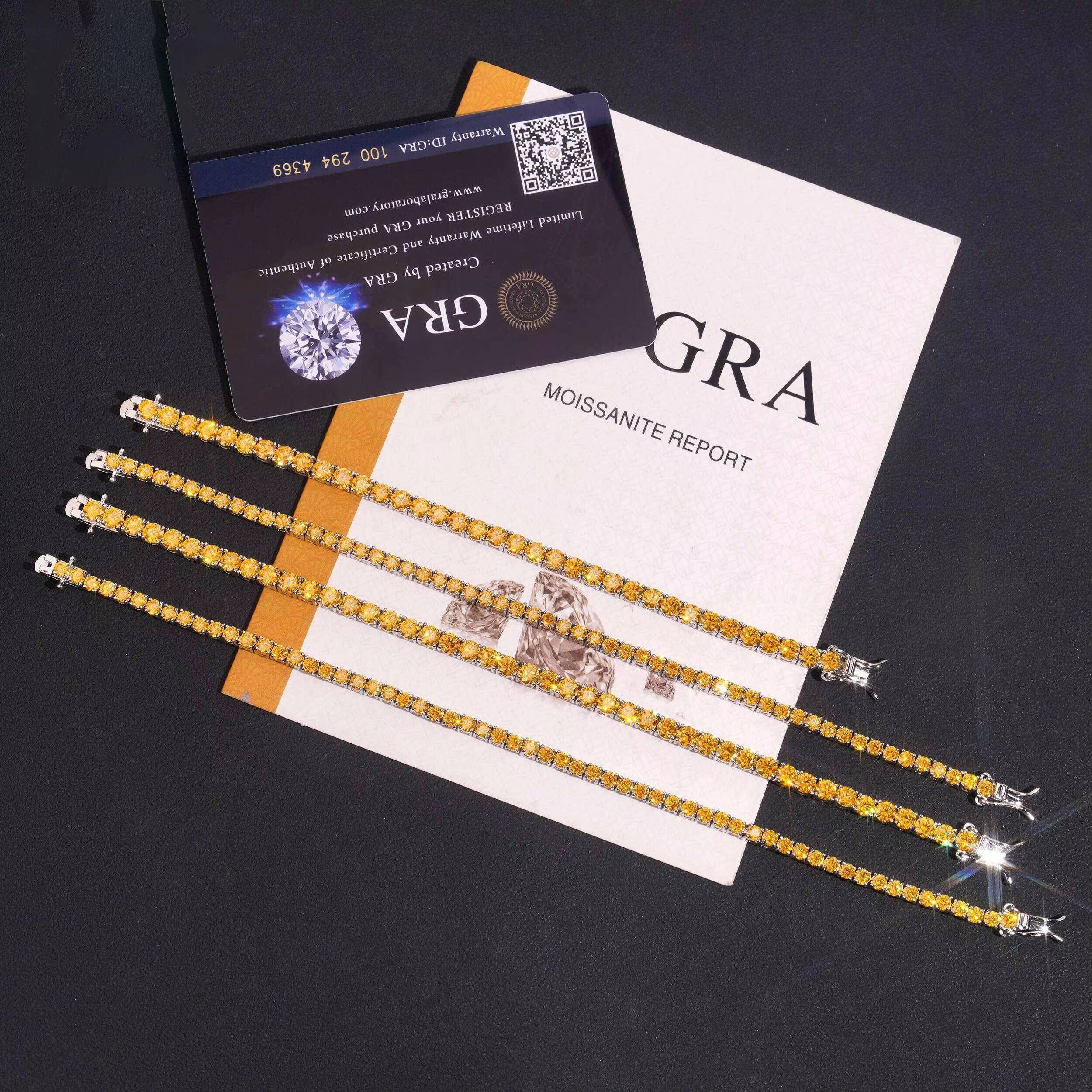 Hot Sale 925 Sterling Silver Gold Plated 3mm Yellow Moissanite Tennis Chain Link Bracelet