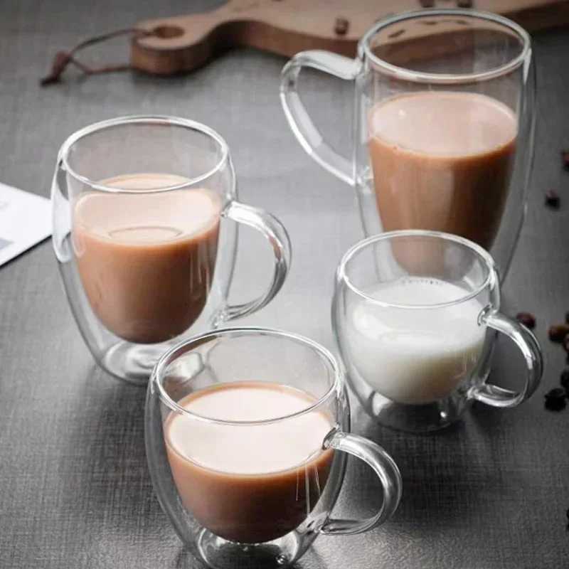 Heat Resistant Clear Double Wall High Borosilicate Glass Mug with Handle Coffee Milk Juice Water Cup Coffeeware Lover Gift D260323