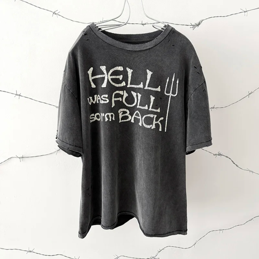 Hip Hop Print Vintage Washed T-Shirt Men Women Unisex T Shirt Oversized Damaged Hole Tee