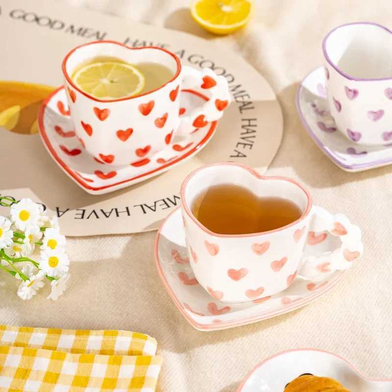 260ml Heart Shape Coffee cup Saucer Ceramics Mug Hand Painted Love Valentines Day Gift Gifts Afternoon tea Cup Breakfast cups H260323