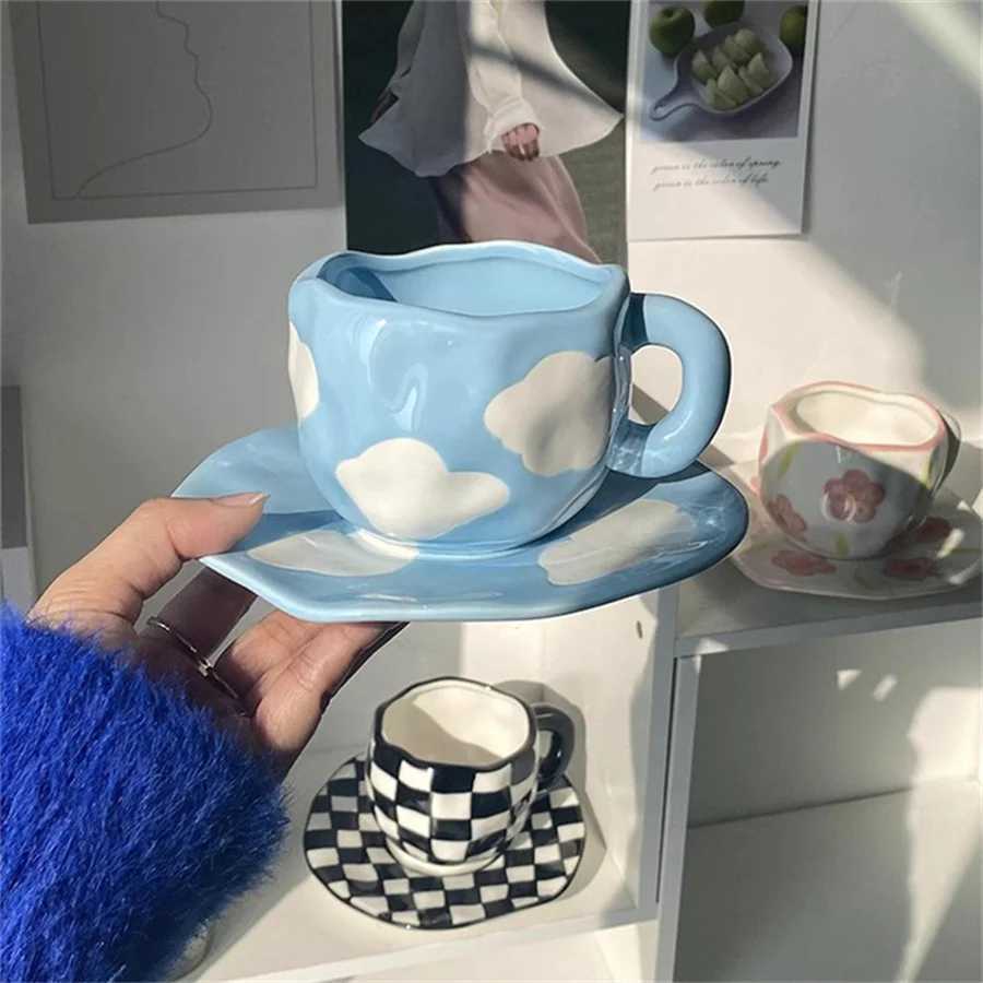 Creative small fresh underglaze color hand-painted white cloud coffee cup and saucer hand-squeezed irregular H260323