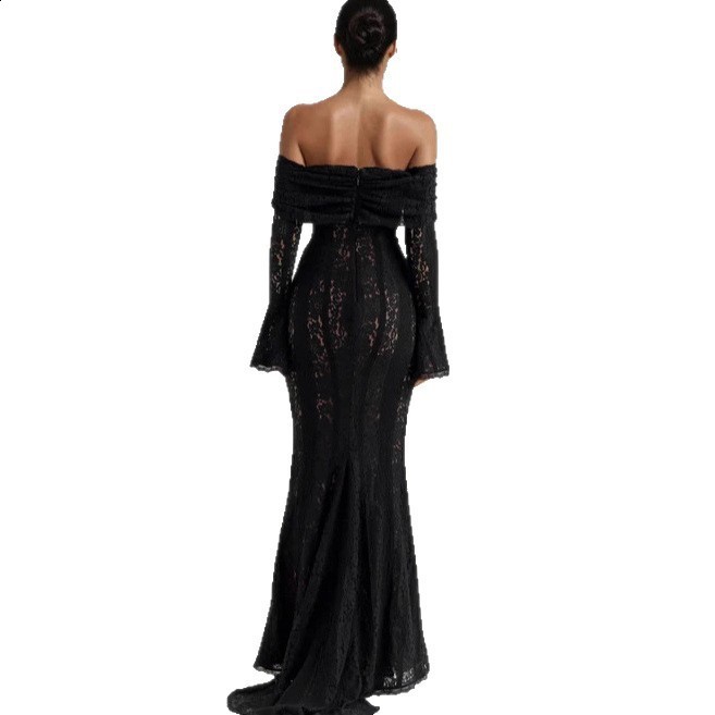 Elegant Hollow Out Long Dress Women High Collar Long Sleeve Slim Solid Dresses Spring Summer Patchwork Lady Party Robe 250912 - view 6